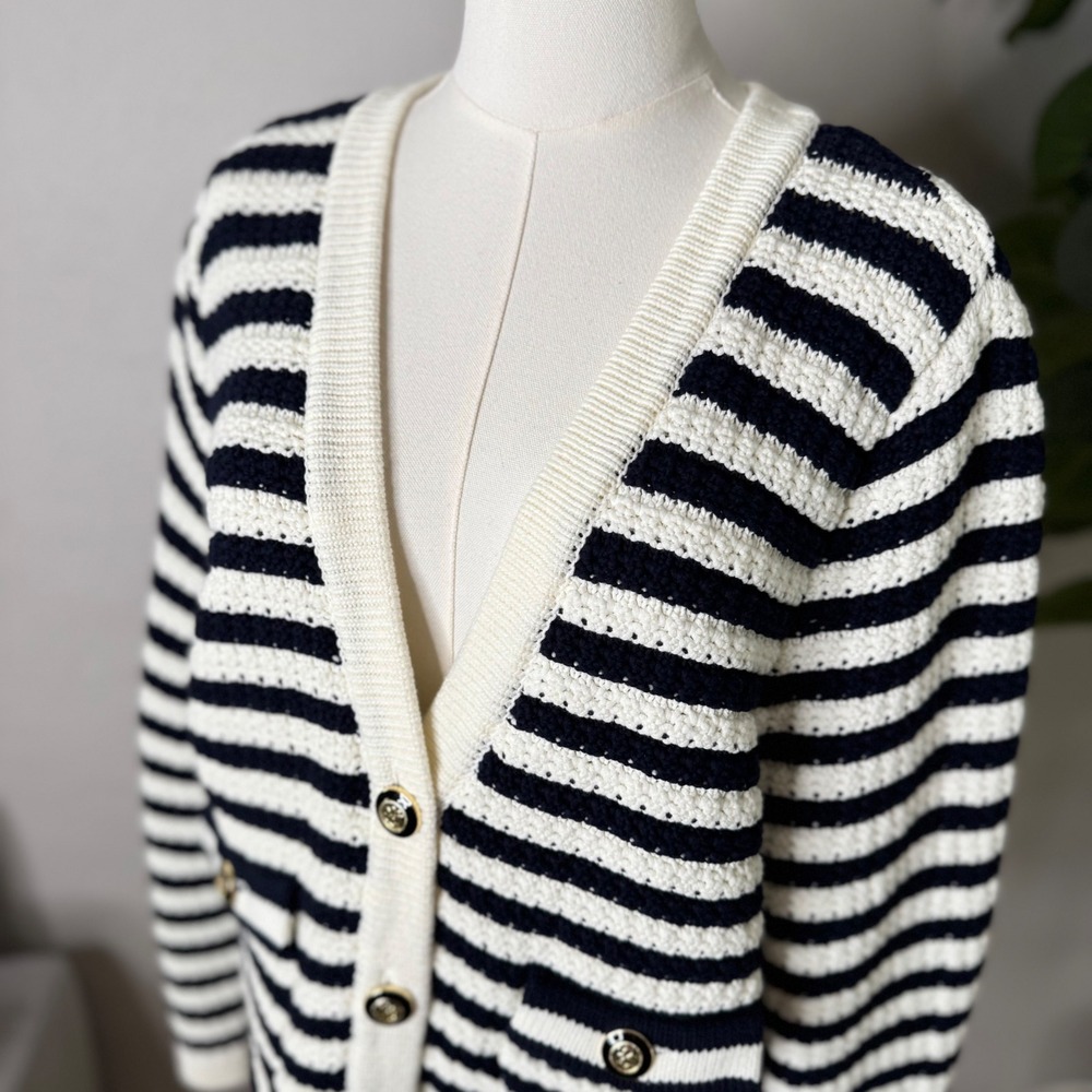 Ba&sh Gamden Navy White Striped Knit Cardigan Sweater Large Stripes Lady Chunky - Picture 5 of 9